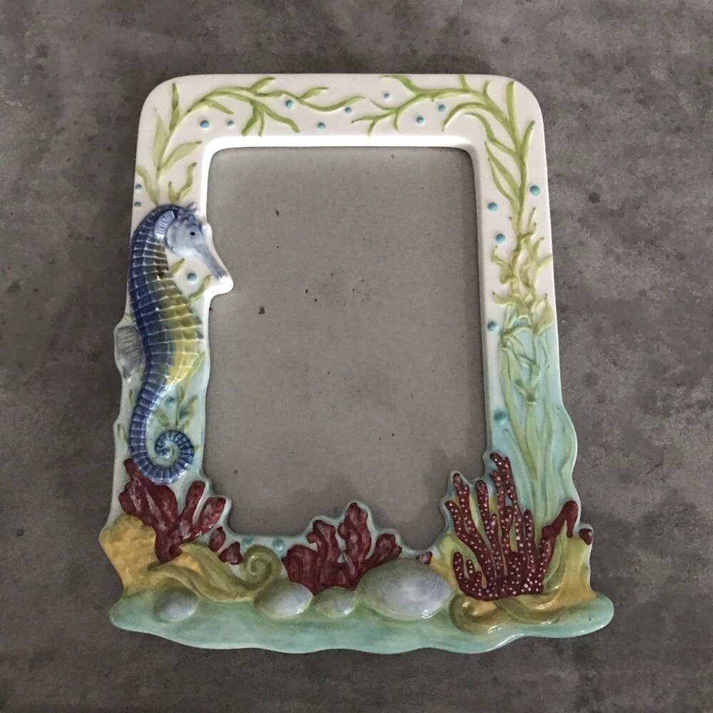 Ceramic Photo Picture Frame 4x6 Coastal Seahorse Coral Beach Nautical Decor Sea